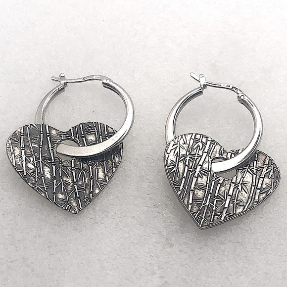 VTG Sterling Silver 2-Way Bamboo Pattern Heart Hoops Earrings 1” / 1.5” - Picture 1 of 6